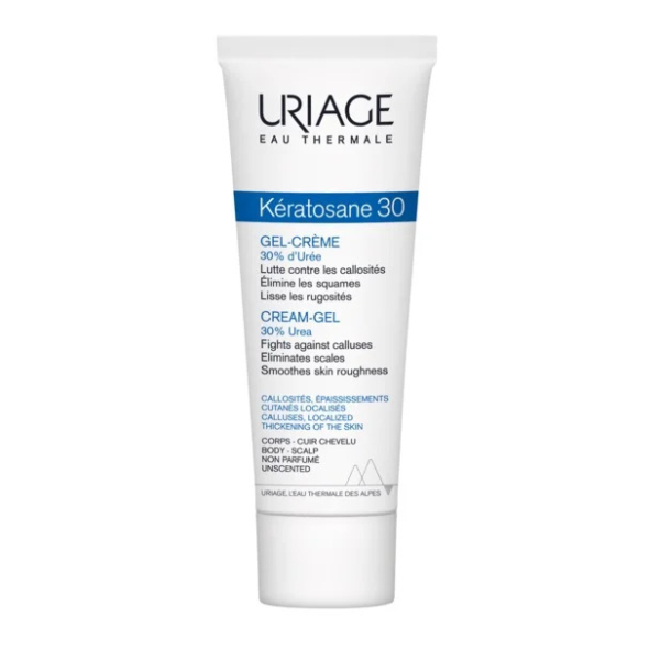 Tube blanc de Gel-Crème Uriage Kératosane 30. Son emballage est orné d'un texte soulignant sa teneur en urée (30 %), conçue pour lutter contre les callosités et lisser les rugosités cutanées. Convient au corps et au cuir chevelu, et est sans parfum. Dakar