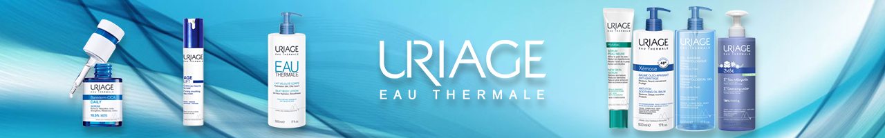 Une variété de produits de soin Uriage Eau Thermale sont présentés sur un fond bleu abstrait, notamment des crèmes, des sérums, des sprays et des flacons, avec le logo Uriage bien en évidence au centre. Dakar