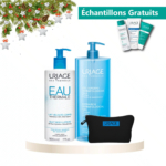 Image promotionnelle sur le thème des fêtes mettant en vedette les produits de soin Uriage : un grand flacon pompe pour lotion, un grand flacon pompe pour gel, une petite pochette de voyage et des tubes d'échantillons gratuits. Des décorations de Noël ornent le coin supérieur gauche. Un texte en français propose des échantillons gratuits. Dakar