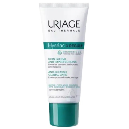 Un tube d'Uriage Eau Thermale Hyséac 3-Regul+ Soin Global Anti-Imperfections. L'emballage est blanc avec des touches de vert et un texte souligne ses propriétés anti-imperfections et anti-imperfections. Dakar