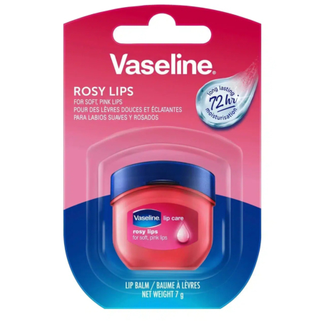 Image d'un emballage de Vaseline Lip Therapy étiqueté « Lèvres rosées ». L'emballage est rose avec une section transparente laissant apparaître le petit pot rose à l'intérieur. Il est annoncé comme « pour des lèvres douces et roses » et « une hydratation longue durée de 12 heures ». Contient 7 g de baume à lèvres. Dakar