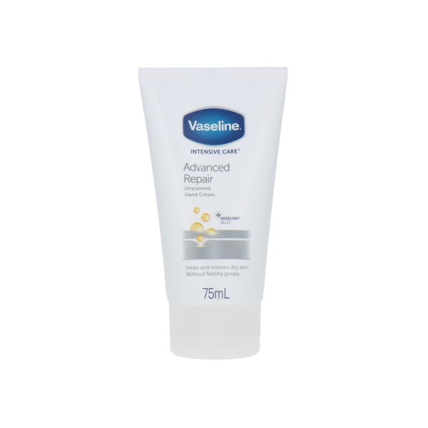 Un tube de 75 ml de Vaseline Intensive Care Advanced Repair Fragrance Free Creme se tient debout sur un fond blanc, son emballage blanc avec un texte bleu et argenté ressemblant aux produits La Roche Posay Cicaplast. Dakar