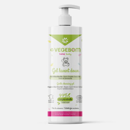 Un flacon blanc de gel lavant doux Vegebom pour bébé, doté d'une pompe et de touches colorées. L'étiquette mentionne du gel d'aloe vera bio, de l'extrait d'amande douce et du calendula. Produit naturel et fabriqué en France. Dakar