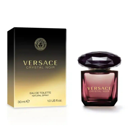 Coffret de parfums Versace Crystal Noir comprenant un flacon d'eau de toilette de 30 ml et son emballage. Le flacon est élégant avec son bouchon sombre façon pierre précieuse, tandis que l'écrin arbore un dégradé de noir et d'or orné du logo Versace. Dakar