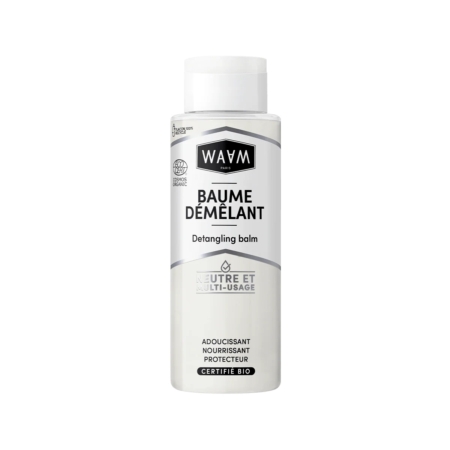 Un flacon blanc de Waam Baume Démêlant BIO 400ml avec une étiquette noire et grise affichant des textes en français et en anglais, des logos de certification et des détails sur le produit se tient debout sur un fond blanc. Dakar
