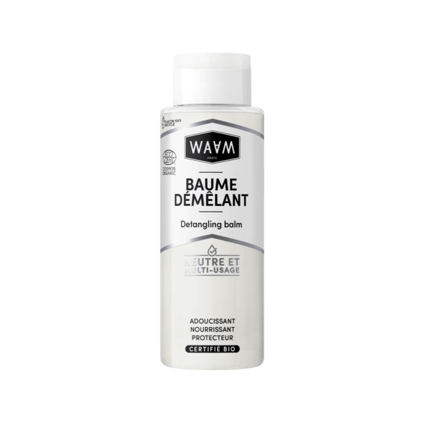 Un flacon blanc de Waam Baume Démêlant BIO 400ml avec une étiquette noire et grise affichant des textes en français et en anglais, des logos de certification et des détails sur le produit se tient debout sur un fond blanc. Dakar