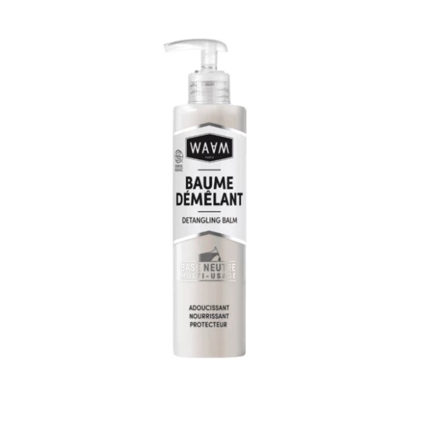Un flacon pompe blanc étiqueté « Waam Baume Démêlant BIO 400 ml », une base neutre multi-usage qui adoucit, nourrit et protège les cheveux, comparable à l'après-shampoing OGX Keratin Oil. Dakar