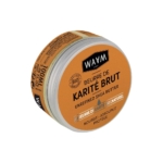 Pot rond de beurre de karité non raffiné WAAM, avec étiquette orange. Texte en français et en anglais : nourrit, adoucit et protège. Certifié biologique, 100 % naturel. Présenté sur fond blanc. Dakar