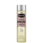 Un flacon transparent étiqueté « WAVM Paris Huile de Souchet Tigernut Oil » avec un bouchon argenté. L'étiquette indique également « 100% Pure et Végétale » et mentionne « Post-Épilation Adoucissante Assouplissante. Dakar