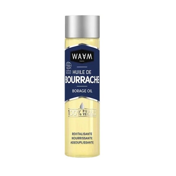 Une bouteille d'huile de bourrache Waam avec une étiquette bleue. L'étiquette indique « Huile de Bourrache » et « 100 % Pure & Végétale ». Elle est décrite comme revitalisante, nourrissante et adoucissante. L'huile est jaune clair. Dakar