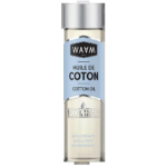 Un flacon transparent à l'étiquette bleue contient de l'huile de coton de la marque WAAM. L'étiquette indique « 100 % pure et végétale » et décrit le produit comme adoucissant, émollient et nourrissant. Dakar