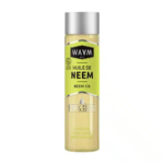 Un flacon d'huile de neem de la marque WAW, avec un bouchon argenté. L'étiquette indique « Huile de Neem » et « Neem Oil », indiquant qu'elle est 100 % pure et végétale. L'emballage est transparent, laissant apparaître l'huile jaunâtre à l'intérieur. Dakar