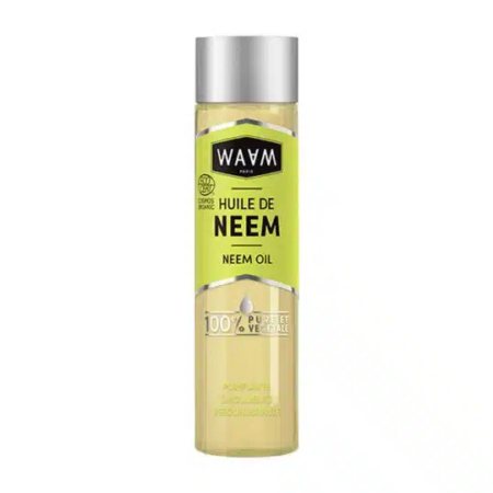 Un flacon d'huile de neem de la marque WAW, avec un bouchon argenté. L'étiquette indique « Huile de Neem » et « Neem Oil », indiquant qu'elle est 100 % pure et végétale. L'emballage est transparent, laissant apparaître l'huile jaunâtre à l'intérieur. Dakar