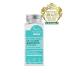 Un flacon d'exfoliant Magic Powders WAW, orné d'un sceau de récompense. L'étiquette indique « Nettoyant Visage Exfoliant Quotidien en Poudre » et « Facial Cleansing Powder Daily Exfoliator », avec zinc, aloe vera et guimauve. Contient 50 g, pour une utilisation de 2 mois. Dakar