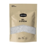 Un emballage beige étiqueté « Sel d'Epsom » de WAAM Paris, avec une section transparente laissant apparaître du sel d'Epsom blanc à l'intérieur. L'emballage mentionne le caractère recyclable du produit et comporte de petites icônes d'utilisation suggérées en bas. Dakar