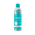 Flacon bleu sarcelle de shampoing en poudre WAVM avec bouchon vert. L'étiquette présente un texte blanc en français et en anglais, une illustration d'une tête de femme et mentionne le rhassoul et l'inuline. La contenance indiquée est de 70 g. Dakar