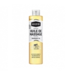 Un flacon en plastique transparent de Waam Base Huile de Massage BIO 200 ml avec une étiquette blanche, un liquide jaune à l'intérieur et un texte français/anglais le décrivant comme neutre, naturel, adoucissant, nourrissant et lissant. Dakar