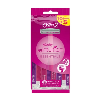 Un paquet rose et violet de 15 rasoirs WILKINSON Jetable My Intuition Essentials comprend « 10 + 5 gratuits », « doux pour la peau et la terre », un manche facile à saisir et cinq rasoirs jetables visibles. Dakar
