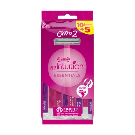 Un paquet rose et violet de 15 rasoirs WILKINSON Jetable My Intuition Essentials comprend « 10 + 5 gratuits », « doux pour la peau et la terre », un manche facile à saisir et cinq rasoirs jetables visibles. Dakar