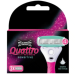 Emballage du rasoir Wilkinson Sword Quattro pour femme Sensitive. La boîte noire à paillettes roses présente un manche blanc et rose et quatre lames. Le texte « Formule Aloe Vera Sensitive » est mis en valeur et indique 3 rasoirs par paquet. Dakar