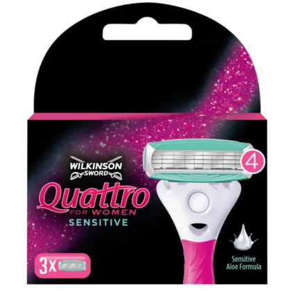 Emballage du rasoir Wilkinson Sword Quattro pour femme Sensitive. La boîte noire à paillettes roses présente un manche blanc et rose et quatre lames. Le texte « Formule Aloe Vera Sensitive » est mis en valeur et indique 3 rasoirs par paquet. Dakar