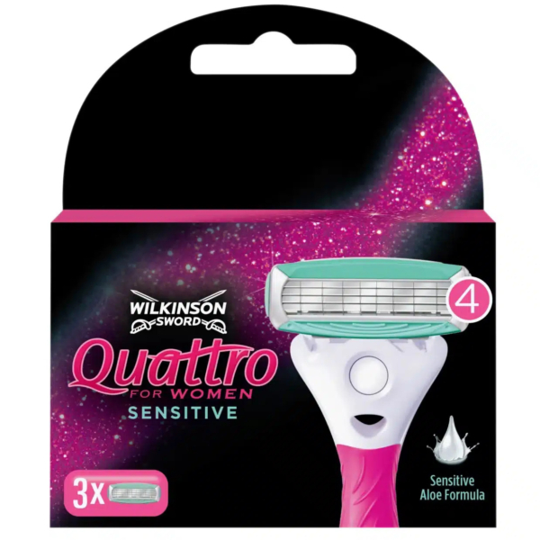 Emballage du rasoir Wilkinson Sword Quattro pour femme Sensitive. La boîte noire à paillettes roses présente un manche blanc et rose et quatre lames. Le texte « Formule Aloe Vera Sensitive » est mis en valeur et indique 3 rasoirs par paquet. Dakar
