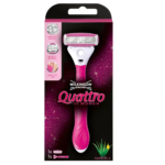 Un rasoir Wilkinson Sword Quattro rose et blanc pour femme dans son emballage. La boîte met en avant des caractéristiques telles que « 4 lames », « rasage en douceur », « lames de sécurité », « facile à utiliser » et mentionne l'aloe vera et la vitamine E. Dakar