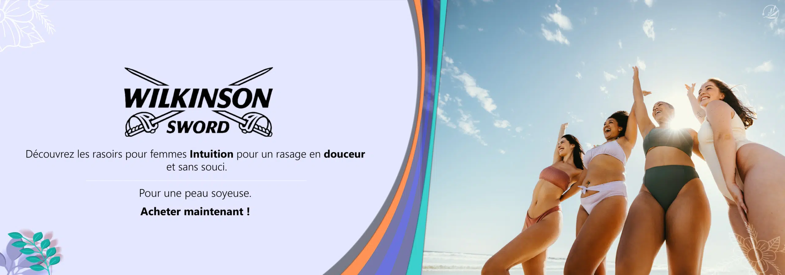 Quatre femmes en maillot de bain sourient et lèvent les bras, debout sur une plage. À côté d'elles, une publicité Wilkinson Sword en français fait la promotion de rasoirs pour femmes, pour un rasage doux et sans souci, et une peau soyeuse. Dakar