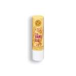 Un tube de baume à lèvres jaune Yves Rocher se dresse sur un fond blanc. L'emballage arbore l'inscription « À LA VANILLE » en rose, avec des illustrations décoratives à la vanille et de subtils accents du logo de la marque. Dakar