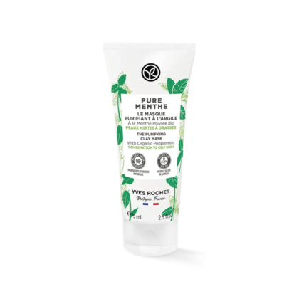 Tube blanc étiqueté « Pure Menthe » avec des illustrations de feuilles de menthe verte. Il arbore le logo Yves Rocher et un texte indiquant qu'il s'agit d'un masque purifiant à l'argile à la menthe poivrée bio pour peaux mixtes à grasses, 75 ml. Dakar