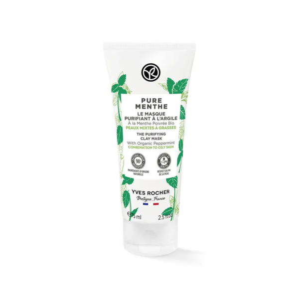 Tube blanc étiqueté « Pure Menthe » avec des illustrations de feuilles de menthe verte. Il arbore le logo Yves Rocher et un texte indiquant qu'il s'agit d'un masque purifiant à l'argile à la menthe poivrée bio pour peaux mixtes à grasses, 75 ml. Dakar