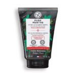 Tube de 125 ml de nettoyant visage 3-en-1 Pure Menthe Yves Rocher au charbon végétal. L'emballage est noir avec des feuilles de menthe poivrée vertes et un texte blanc. Conçu pour les peaux à imperfections, il contient du charbon et de la menthe poivrée. Dakar