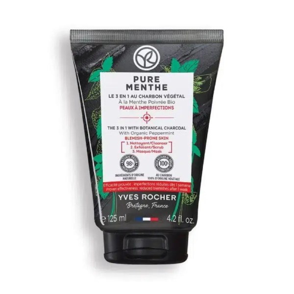 Tube de 125 ml de nettoyant visage 3-en-1 Pure Menthe Yves Rocher au charbon végétal. L'emballage est noir avec des feuilles de menthe poivrée vertes et un texte blanc. Conçu pour les peaux à imperfections, il contient du charbon et de la menthe poivrée. Dakar
