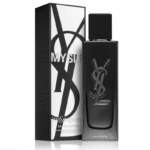 Un élégant flacon de parfum noir, orné du logo YSL, se trouve à côté de son coffret noir assorti, orné des inscriptions « MYSLF » et « Yves Saint Laurent ». Le flacon au design minimaliste est étiqueté « Eau de Parfum » et dispose d'un vaporisateur rechargeable. Dakar