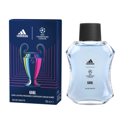 Un flacon d'Adidas Eau de Toilette Fraîcheur Longue Durée UEFA Champions League Goal 100 ml est présenté dans un coffret bleu foncé aux touches colorées, orné du trophée et des logos emblématiques. Le flacon transparent est doté d'un bouchon noir. Dakar