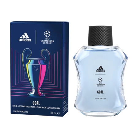 Un flacon d'Adidas Eau de Toilette Fraîcheur Longue Durée UEFA Champions League Goal 100 ml est présenté dans un coffret bleu foncé aux touches colorées, orné du trophée et des logos emblématiques. Le flacon transparent est doté d'un bouchon noir. Dakar