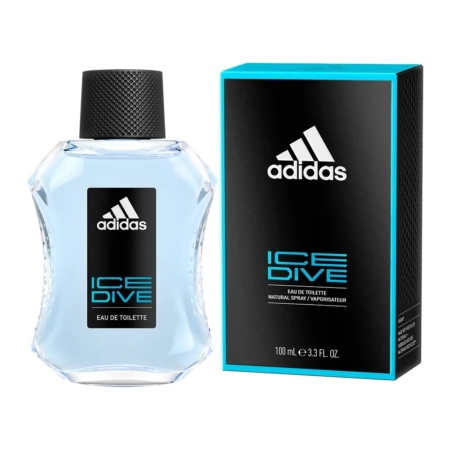 Un flacon de 100 ml d'eau de toilette ADIDAS Homme Ice Dive est placé à côté de son coffret noir et bleu, tous deux ornés du logo Adidas en blanc et bleu. Ce parfum offre une fragrance rafraîchissante. Dakar
