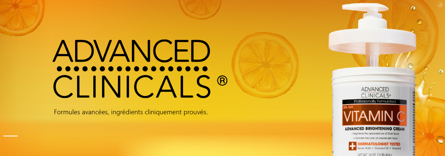 Un contenant de crème éclaircissante avancée à la vitamine C d'Advanced Clinicals avec un distributeur à pompe est présenté à droite, à côté de la marque Univers Cosmetix, sur un fond de tranches d'orange et de texte faisant la promotion de formules cliniquement prouvées. Dakar