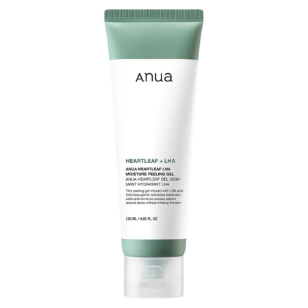 Un tube blanc d'Anua Gel Exfoliant Gommant Hydratant Heartleaf LHA 120 ml se trouve à côté d'Anua Nettoyant Moussant Doux Hydratant à l'Acide Hyaluronique, tous deux dans des tubes élégants de 120 ml avec un texte noir décrivant l'utilisation. Dakar