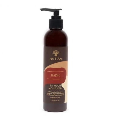 Un flacon marron de Asiam Lotion Hydratante Cheveux So Much Moisture 237ml avec une pompe noire et une étiquette beige-rouge est présenté sur un fond blanc. Dakar