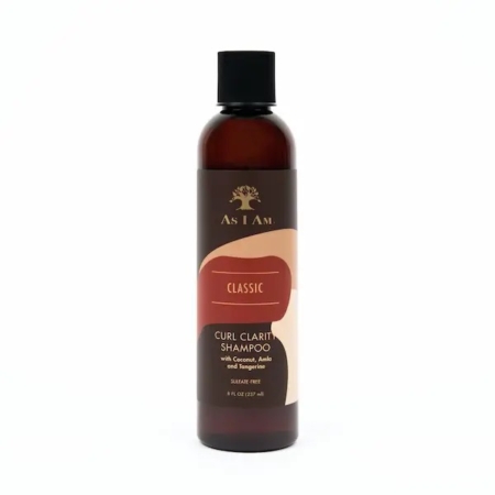 Un flacon marron de shampoing clarifiant ASIAM Curl Clarity de 237 ml, avec un bouchon noir, estampillé sans sulfate et formulé à base de noix de coco, d'amla et de mandarine. Sur fond blanc, profitez d'un nettoyage doux pour vos boucles. Dakar