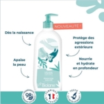 Flacon pompe de 750 ml de Lait Corps Peau Sensible Bébé Biolane, fabriqué en France. Propriétés : apaise les peaux sensibles, protège des agressions extérieures, nourrit et hydrate en profondeur. 98 % d'ingrédients d'origine naturelle. Dakar