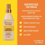Un flacon beige de Crème of Nature Pure Honey Soin sans Rinçage 237 ml est présenté sur un fond jaune avec un texte français soulignant sa protection, sa nutrition en profondeur, sa vitalité et sa formule sans sulfate pour les cheveux bouclés et crépus. Dakar