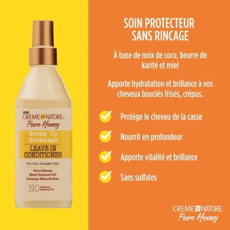 Un flacon beige de Crème of Nature Pure Honey Soin sans Rinçage 237 ml est présenté sur un fond jaune avec un texte français soulignant sa protection, sa nutrition en profondeur, sa vitalité et sa formule sans sulfate pour les cheveux bouclés et crépus. Dakar