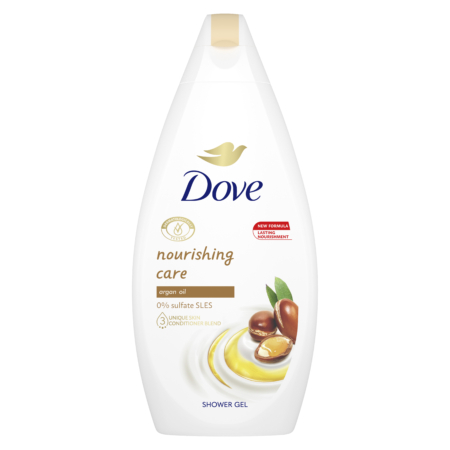 Un flacon blanc de 250 ml de DOVE Crème Douche à l'Huile d'Argan, avec un logo colombe doré, un texte sur le produit et une image de noix d'argan et un tourbillon crémeux sur le devant. Dakar