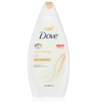 Un flacon blanc de 250 ml de Dove Gel Douche Douceur Soyeuse avec un texte doré et bleu, un logo colombe doré et un design tourbillonnant, étiqueté sans sulfate SLES et adapté aux peaux sèches. Dakar