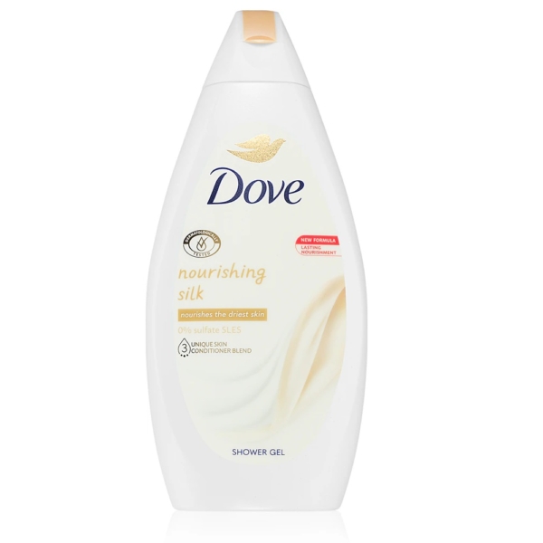 Un flacon blanc de 250 ml de Dove Gel Douche Douceur Soyeuse avec un texte doré et bleu, un logo colombe doré et un design tourbillonnant, étiqueté sans sulfate SLES et adapté aux peaux sèches. Dakar