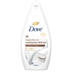 Le flacon blanc de 450 ml de Dove Gel Douche Nourrissant Doux Coco présente une image de noix de coco, le logo doré de Dove et met en valeur le soin nourrissant à l'huile de noix de coco et d'amande, inspiré du Rituel de restauration Noix de Coco. Dakar