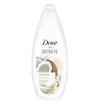 Un flacon blanc de Dove Gel Douche Dove Restoring Ritual Noix de Coco + Lait d'Amande 450 ml, aux images de noix de coco et d'amande, contenant de l'huile de coco et du lait d'amande, et sans sulfates ni SLES. Dakar