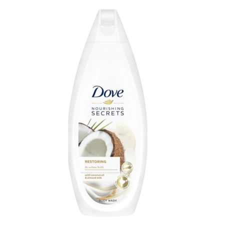Un flacon blanc de Dove Gel Douche Dove Restoring Ritual Noix de Coco + Lait d'Amande 450 ml, aux images de noix de coco et d'amande, contenant de l'huile de coco et du lait d'amande, et sans sulfates ni SLES. Dakar